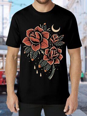 Black Tee with Red Rose Moon Graphic